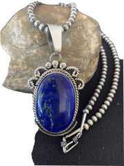 Native American Men's Navajo Pearls Necklace Pendant | Sterling Silver Blue Lapis | 1538