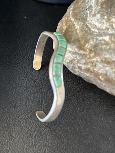 Southwestern Old Pawn Blue Turquoise Inlay Bracelet | Sterling Silver | Authentic Native American Handmade | 14531