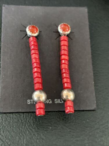 Navajo Pearl Heishi Dangle Earrings | Sterling Silver Red Coral Tube | 1.5" | 13051