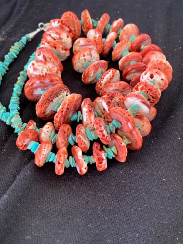 Native American Navajo Red Spiny Oyster & Turquoise Necklace | Sterling Silver | 34" Graduated | 4679