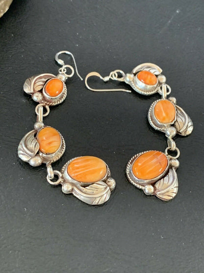 Stunning Handmade Navajo Orange Spiny Oyster Dangle Earrings | Sterling Silver | Authentic Native American | 1226