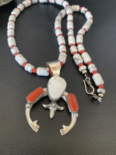 Navajo White Buffalo Turquoise Coral Naja Pendant | Sterling Silver | Authentic Native American Handmade | 10516
