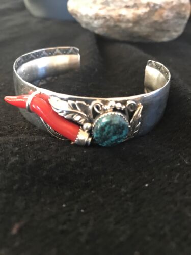 Navajo Spiderweb Turquoise & Coral Bracelet | Sterling Silver | Authentic Native American Handmade | 8366
