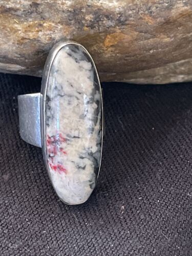 Southwestern Navajo White Black Cinnabrite Ring | Sterling Silver | Sz 7 | Authentic Native American Handmade | 1565