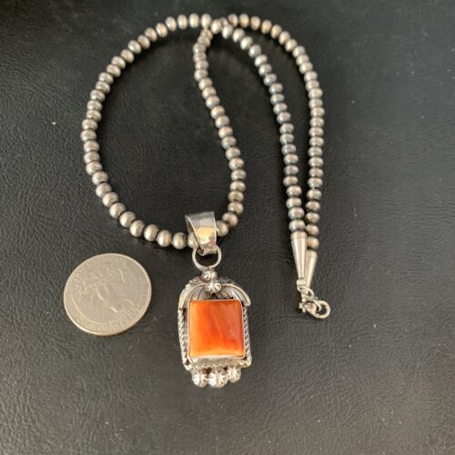 Navajo Orange Spiny Oyster Square Pendant Necklace | Sterling Silver | Authentic Native American Handmade | 13639
