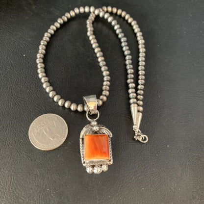 Navajo Orange Spiny Oyster Square Pendant Necklace | Sterling Silver | Authentic Native American Handmade | 13639