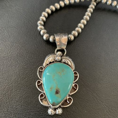 Men's Navajo Pearls Necklace with Blue Turquoise Pendant | Sterling Silver | Authentic Native American Handmade | 11137