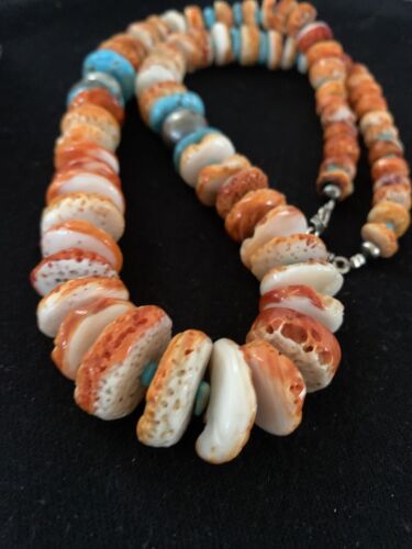 Navajo Pearls, Orange Spiny Oyster & Turquoise Necklace | Sterling Silver | Authentic Native American | 24"