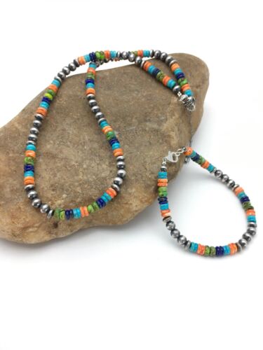 Southwestern Turquoise Spiny Oyster Lapis Necklace & Bracelet Set | Sterling Silver | 18" | Authentic Native American Handmade
