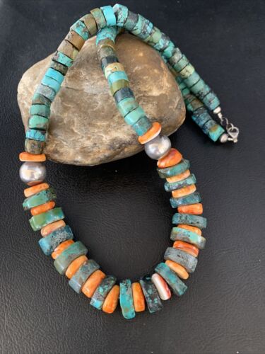 Men's XL Turquoise Heishi & Spiny Oyster Bead Necklace | Sterling Silver | 23" | Authentic Native American | 13977