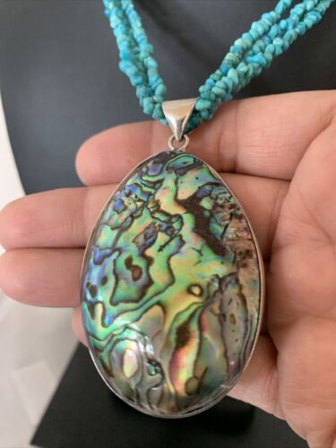 Navajo Sterling Blue Turquoise 4 Strand Necklace | Pava Shell Pendant | 19" Multi-Strand | Southwestern | 00890