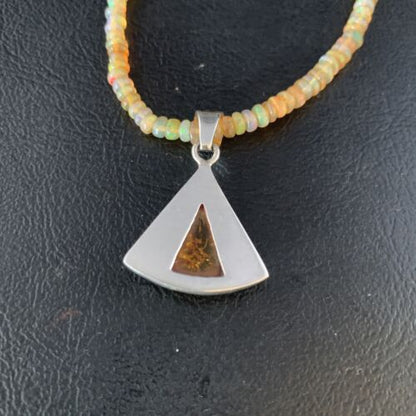 Navajo Yellow Opal Amber Inlay Pendant | Sterling Silver Necklace | Authentic Native American Handmade | 13417