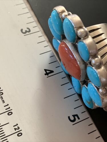 Navajo Blue Kingman Turquoise and Coral Cluster Ring | Authentic Native American Sterling Silver | Multi-Stone | Sz 7.5 | 11530