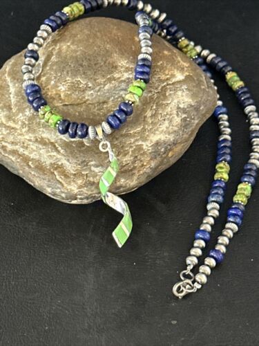 Native Green Turquoise Lapis Navajo Sterling Silver Necklace Pendant 14635