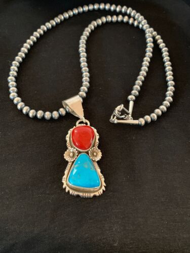 Navajo Kingman Turquoise, Coral, and Multi-Stone Pendant Necklace | Authentic Native American Sterling Silver | 2534