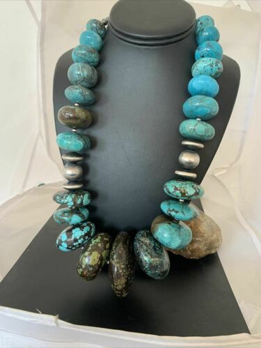 Men's Navajo Pearl Sterling Silver & Natural Blue Turquoise Graduated Necklace | Authentic Native American | 21"