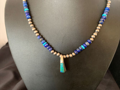 Navajo Men's Pendant | Blue Lapis Turquoise Opal Inlay | Sterling Silver Necklace | 22" | 13387