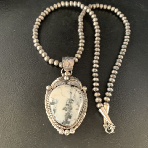 White Buffalo Turquoise Pendant Necklace | Sterling Silver | Navajo | Authentic Native American Handmade | 14053