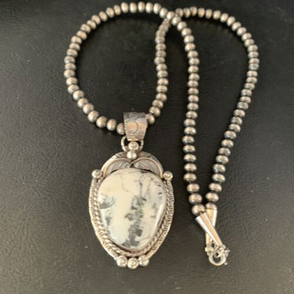 White Buffalo Turquoise Pendant Necklace | Sterling Silver | Navajo | Authentic Native American Handmade | 14053