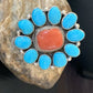 Navajo Blue Kingman Turquoise and Coral Cluster Ring | Authentic Native American Sterling Silver | Multi-Stone | Sz 7.5 | 11530
