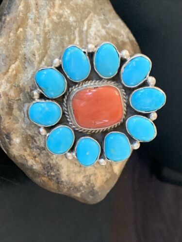 Navajo Blue Kingman Turquoise and Coral Cluster Ring | Authentic Native American Sterling Silver | Multi-Stone | Sz 7.5 | 11530