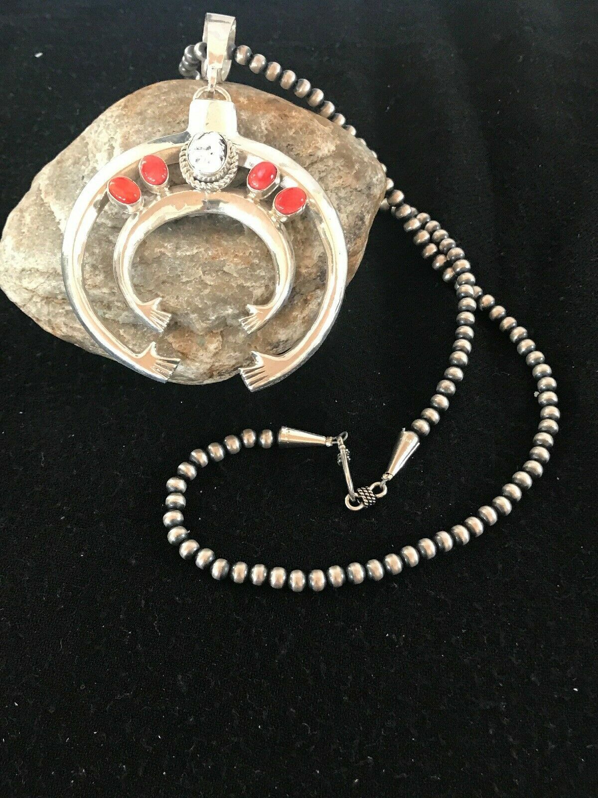 Navajo Spiny Oyster Naja Pendant Necklace | Sterling Silver Squash Blossom | 8508