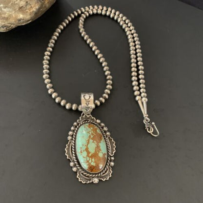 Navajo Pearls Sterling Silver Necklace with Blue Turquoise #8 Pendant | Authentic Native American Handmade | 11298