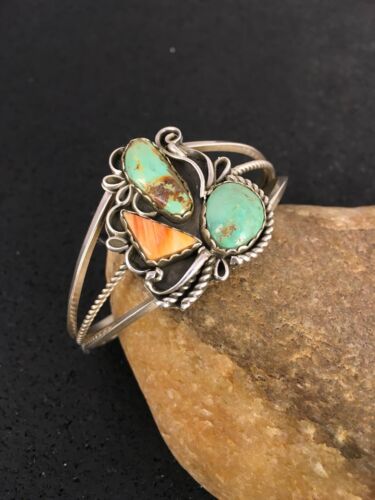 Southwestern Spiny Oyster & Turquoise Bracelet | Navajo Sterling Silver | Authentic Native American Handmade | 8842