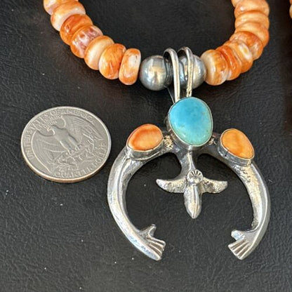 Navajo Blue Turquoise Spiny Oyster Naja Pendant Necklace | Sterling Silver | 18" | Authentic Native American Handmade | 14810 - Masha USA
