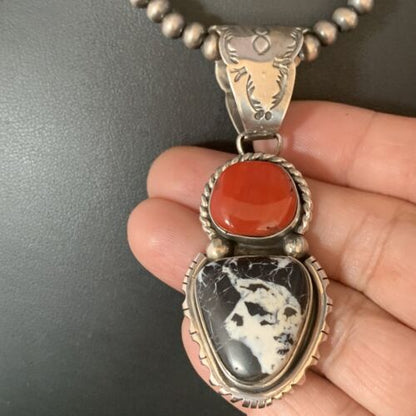 Navajo White Buffalo Turquoise Coral Pendant | Sterling Silver | Multi-Stone Necklace | 13579