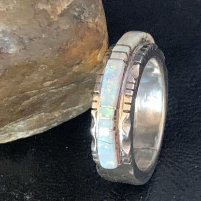 Navajo White Opal Inlay Ring | Sterling Silver | Sz 11.5 | Authentic Native American Handmade | 13534
