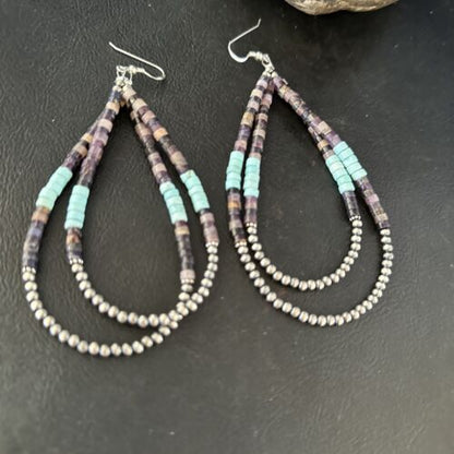 Sugilite Turquoise Heishi Bead Earrings | Sterling Silver | 4" | Authentic Native American Handmade | 14317
