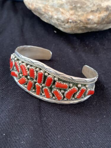 Native American Red Coral Cuff Bracelet | Navajo Sterling Silver | Authentic Handmade | 4670 - Masha USA