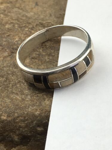 Navajo Sterling Silver Onyx & Picture Jasper Inlay Ring | Sz 13.5 | Authentic Native American Handmade | 01592