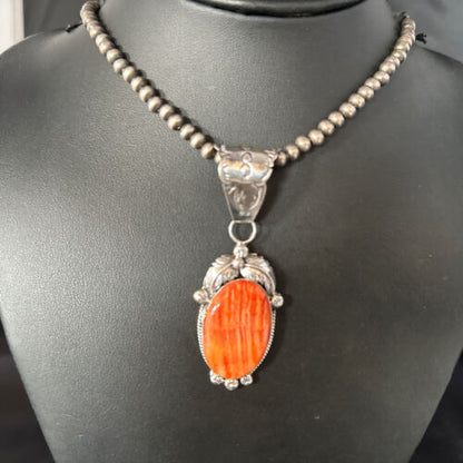 Navajo Pearls Red Spiny Oyster Necklace Pendant | Sterling Silver | Authentic Native American Handmade | 14724 - Masha USA