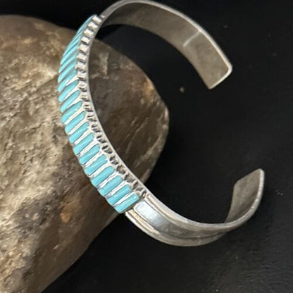 Zuni Blue Turquoise Inlay Cuff Bracelet | Sterling Silver | Authentic Native American Handmade | 14588