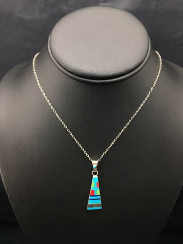 Navajo Turquoise & Coral Inlay Pendant | Sterling Silver Chain | Authentic Native American Handmade | 4437
