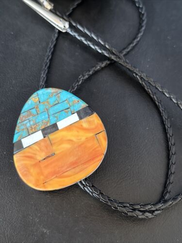 Men's Bolo Tie | Turquoise & Orange Spiny Oyster | Sterling Silver Tips | Authentic Native American Handmade | 14630