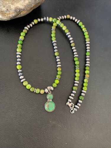Navajo Green Gaspeite Turquoise Pendant | Sterling Silver | Authentic Native American Handmade | 12267
