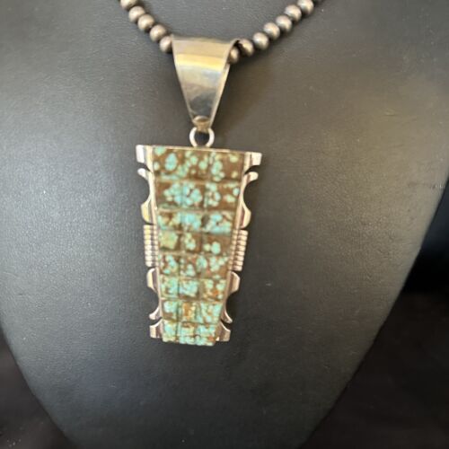 Authentic Native American Navajo Blue Turquoise Necklace Pendant | Sterling Silver | 8" | 14462