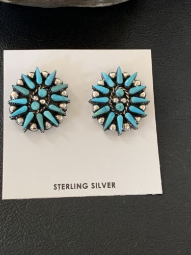 Navajo Blue Cluster Turquoise Stud Post Earrings | Sterling Silver | Authentic Native American Handmade | 12302