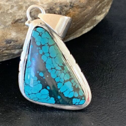 Navajo Men's Pendant | Sterling Silver Spiderweb Turquoise | 2" | Authentic Native American Handmade | 10756