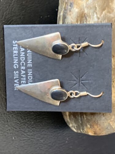 Navajo Black Onyx Drop Dangle Earrings | Sterling Silver | 1" | Authentic Native American Handmade | 12645