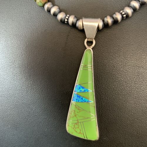 Navajo Green Turquoise Gaspeite Inlay Necklace | Sterling Silver | Authentic Native American Handmade | 13808