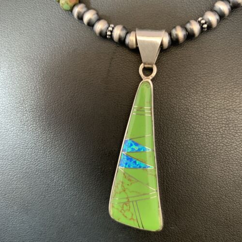 Navajo Green Turquoise Gaspeite Inlay Necklace | Sterling Silver | Authentic Native American Handmade | 13807