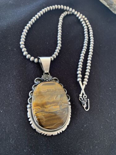 Men's Navajo Pearls Necklace | Sterling Silver | Coffee Tiger's Eye Pendant | Authentic Native American Handmade | 1543