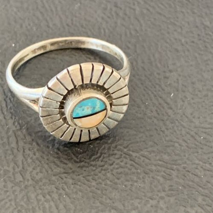 Southwestern Women's Navajo Blue Turquoise Pink Coral Inlay Ring | Sz 7.5 | 11206