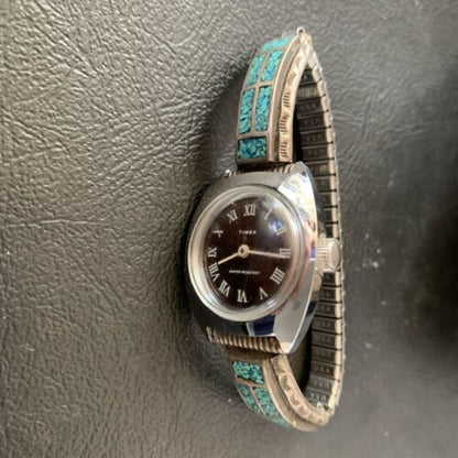 Navajo Sterling Silver Watch Tips | Old Pawn Blue Turquoise Chip Inlay Band | Authentic Native American Jewelry | 1639