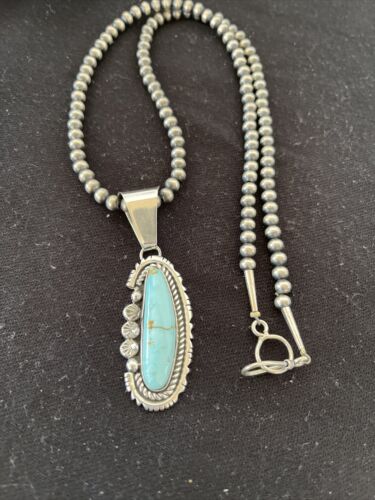 Men's Dry Creek Turquoise Pendant Necklace | Navajo Pearls | Sterling Silver | Authentic Native American Handmade | 1181