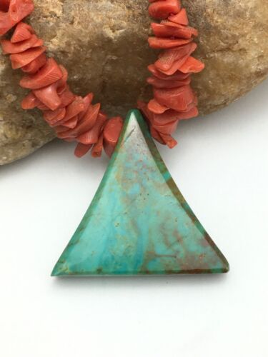 Native American Kingman Turquoise and Coral Pendant Necklace | Brass | Old Pawn | 19" | 4029